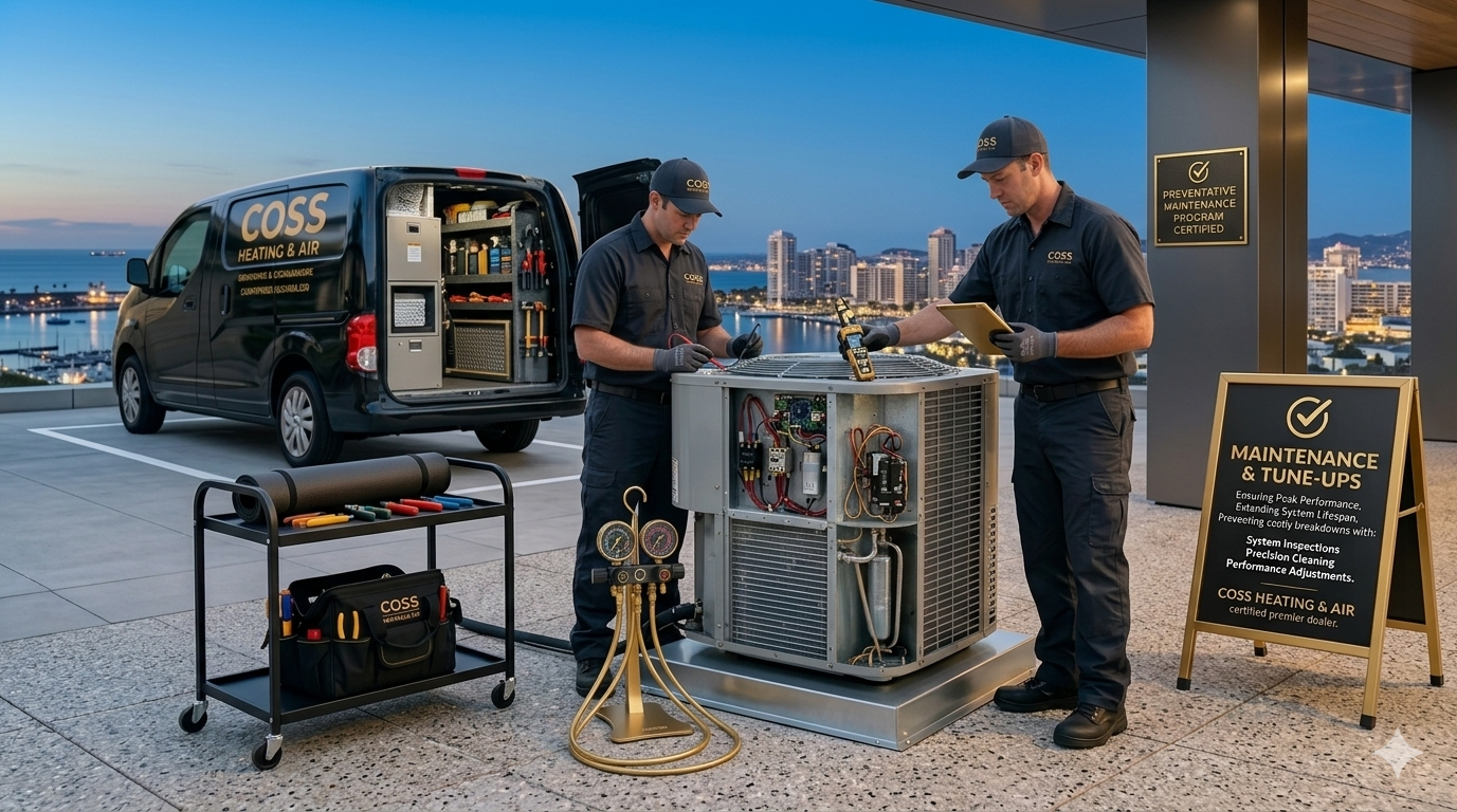 Maintenance and tune-up — COSS Heating & Air technician servicing outdoor AC unit